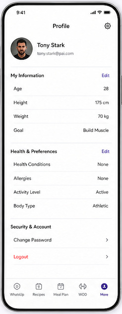 PAi profile screen